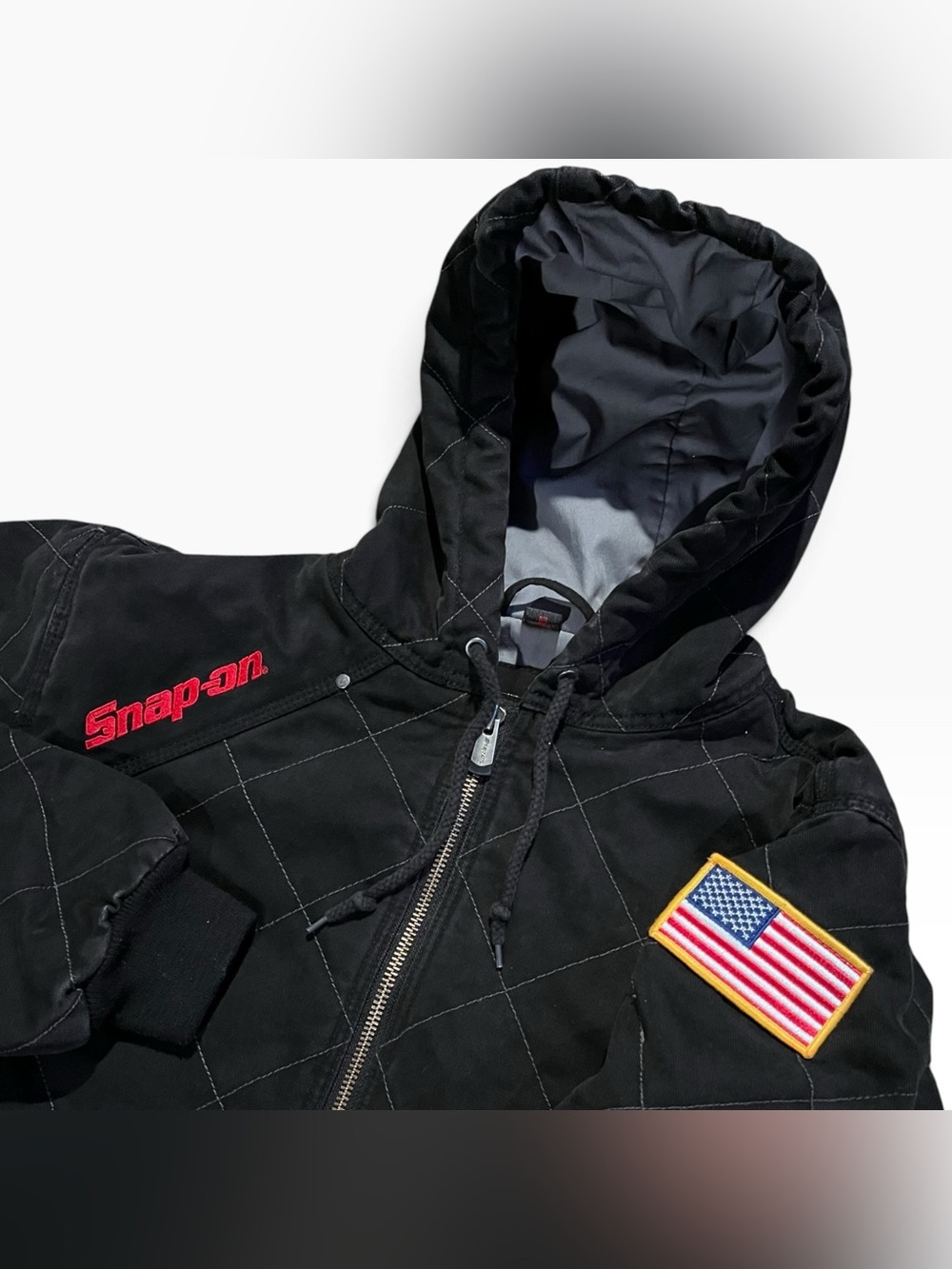 Snap-On Tools Men's Sz L Black Hooded Quilted Canvas Workwear Jacket Tough Coat
